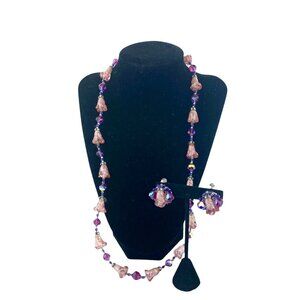 Vintage Vendome Pink Tulips Purple Crystal Bead Necklace & Clip Earrings Set